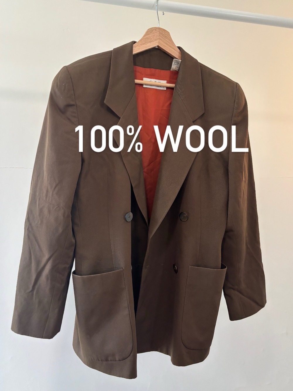 Vintage Ellen Tracy Brown Double-Breasted Pea Coat with Orange Lining | wool